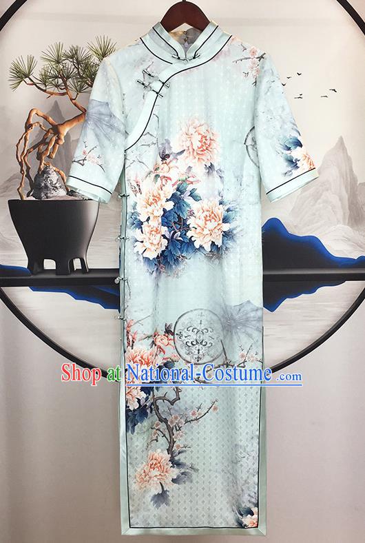 China Traditional Cultural Dance Cheongsam Shanghai Young Lady Clothing National Printing Peony Blue Silk Qipao Dress