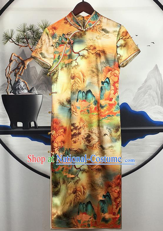 China Traditional Landscape Painting Yellow Silk Cheongsam National Qipao Dress Classical Dance Clothing