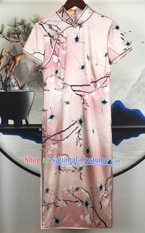 China National Pink Silk Qipao Dress Classical Dance Clothing Traditional Printing Short Cheongsam