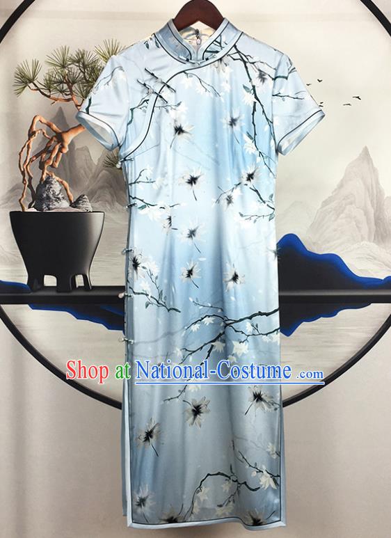 China Classical Palace Fan Dance Clothing Traditional Printing Short Cheongsam National Blue Silk Qipao Dress