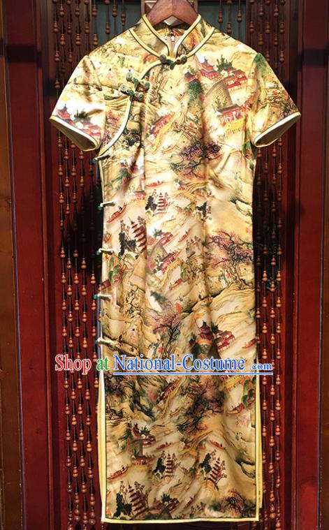 China Traditional Short Cheongsam National Printing Landscape Yellow Silk Qipao Dress Classical Young Beauty Clothing