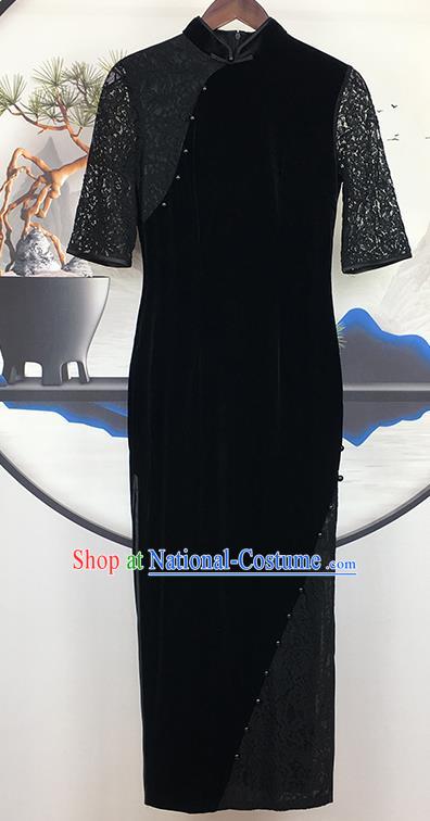 China Traditional Mother Black Velvet Lace Cheongsam National Woman Clothing Modern Catwalks Qipao Dress