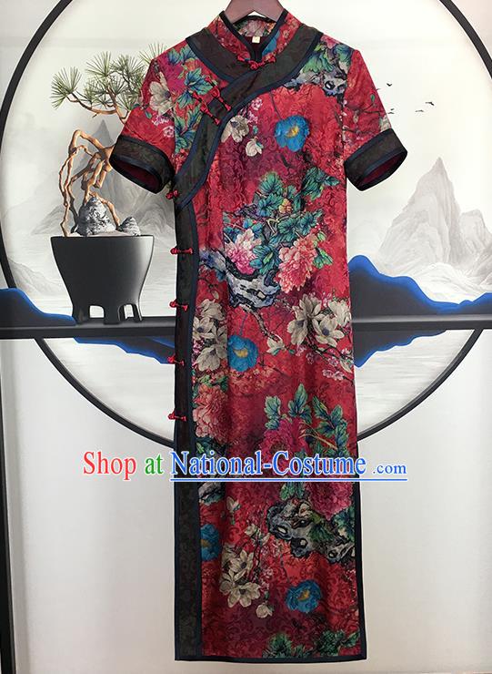 China Traditional Red Gambiered Guangdong Gauze Cheongsam National Printing Peony Silk Qipao Dress Clothing