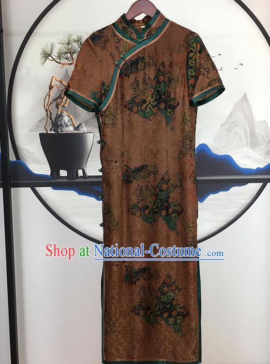 China National Printing Brown Silk Qipao Dress Clothing Traditional Slant Opening Cheongsam