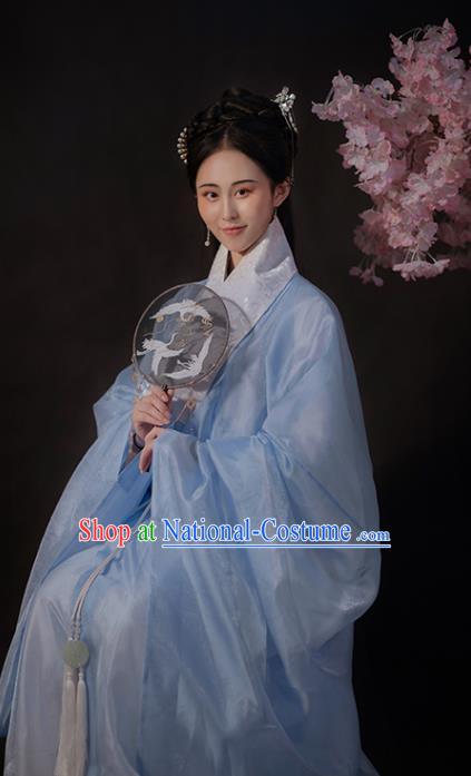 Ancient China Noble Lady Blue Hanfu Dress Traditional Ming Dynasty Patrician Woman Historical Costume