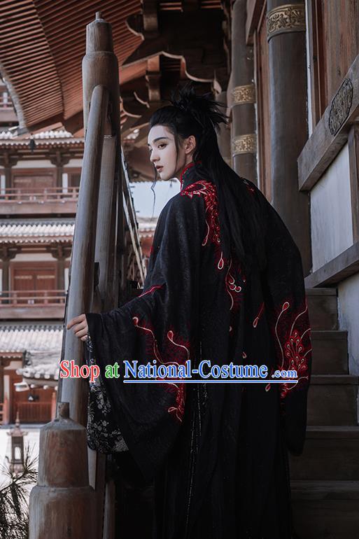 China Ancient Swordsman Black Hanfu Clothing Traditional Jin Dynasty Prince Costumes for Men