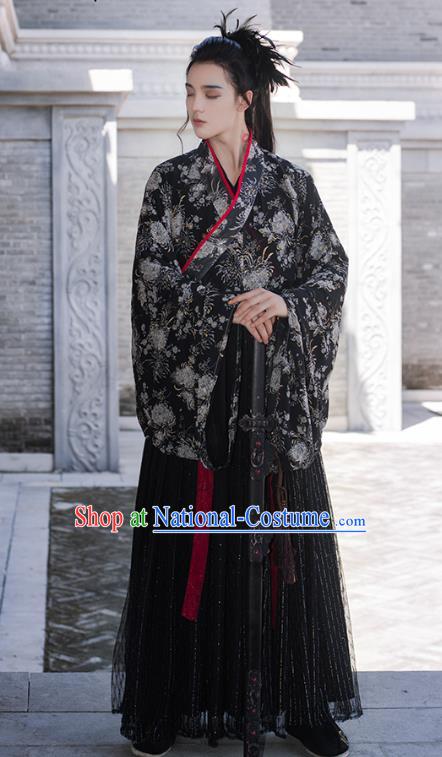 China Ancient Swordsman Black Hanfu Clothing Traditional Jin Dynasty Prince Costumes for Men