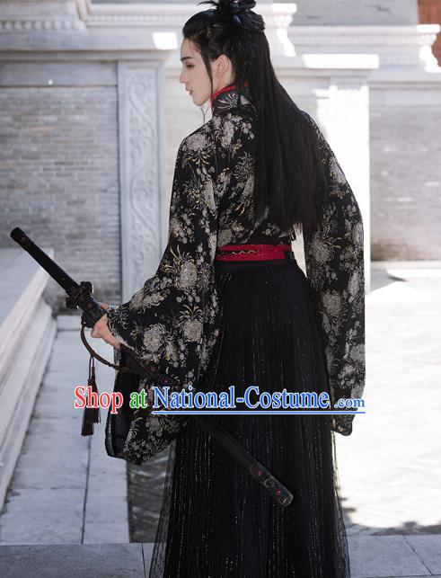 China Ancient Swordsman Black Hanfu Clothing Traditional Jin Dynasty Prince Costumes for Men