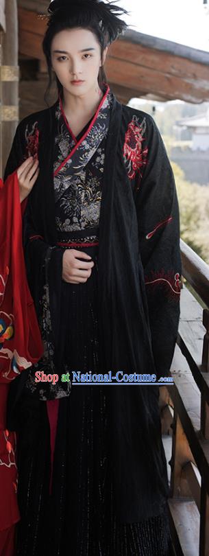 China Ancient Swordsman Black Hanfu Clothing Traditional Jin Dynasty Prince Costumes for Men