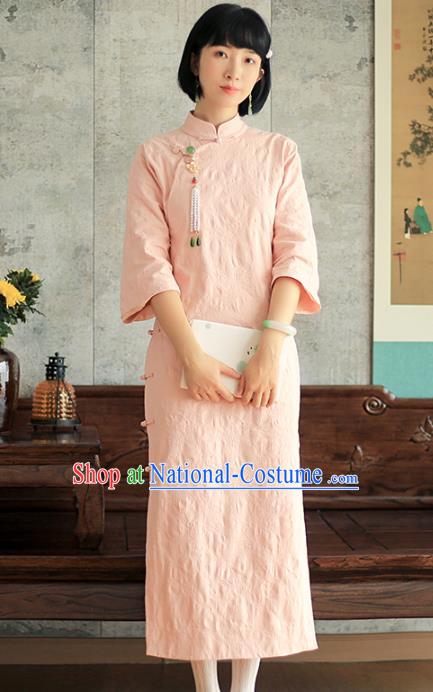 China National Young Lady Pink Qipao Dress Clothing Traditional Female Student Long Cheongsam