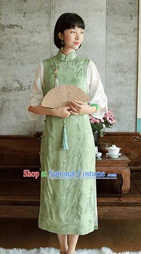 China National Young Lady Wide Sleeve Qipao Dress Clothing Traditional Light Green Cheongsam