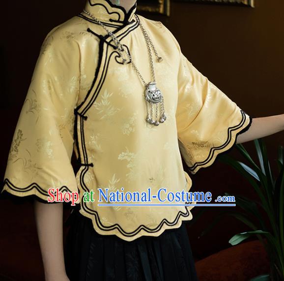 China National Woman Light Yellow Silk Blouse Tang Suit Upper Outer Garment Traditional Shirt Costume