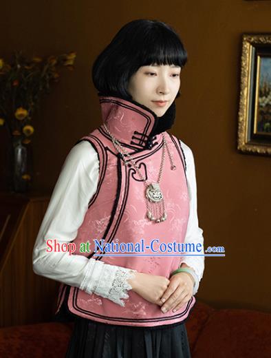 Chinese Traditional Pink Silk Vest Costume National Stand Collar Waistcoat