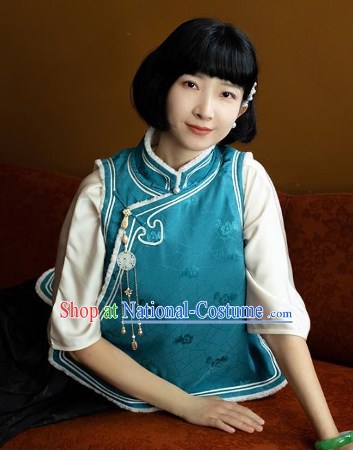 Chinese Traditional Blue Silk Vest Costume National Stand Collar Lambswool Waistcoat