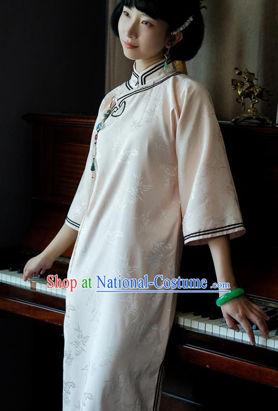 China National Light Pink Silk Qipao Dress Clothing Traditional Young Lady Wide Sleeve Cheongsam