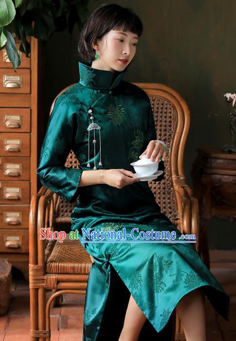 China National Deep Green Silk Qipao Dress Clothing Traditional Young Lady Stand Collar Cheongsam