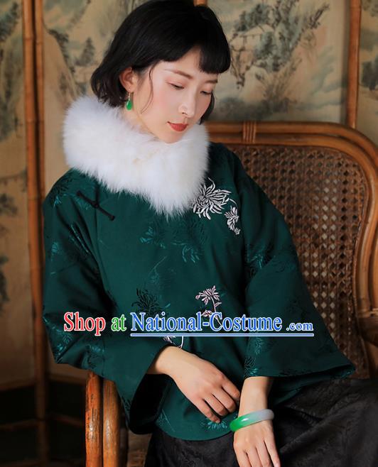 China National Woman Green Silk Cotton Wadded Jacket Tang Suit Outer Garment Traditional Overcoat Costume