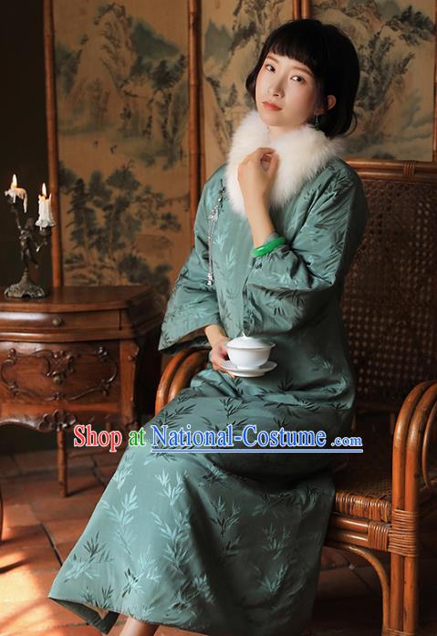 China National Light Green Silk Qipao Dress Clothing Traditional Young Lady Winter Cotton Wadded Cheongsam