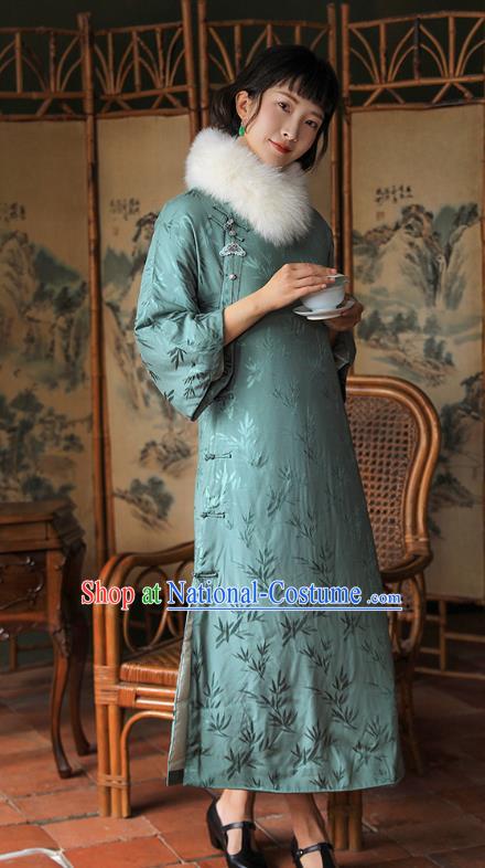 China National Light Green Silk Qipao Dress Clothing Traditional Young Lady Winter Cotton Wadded Cheongsam