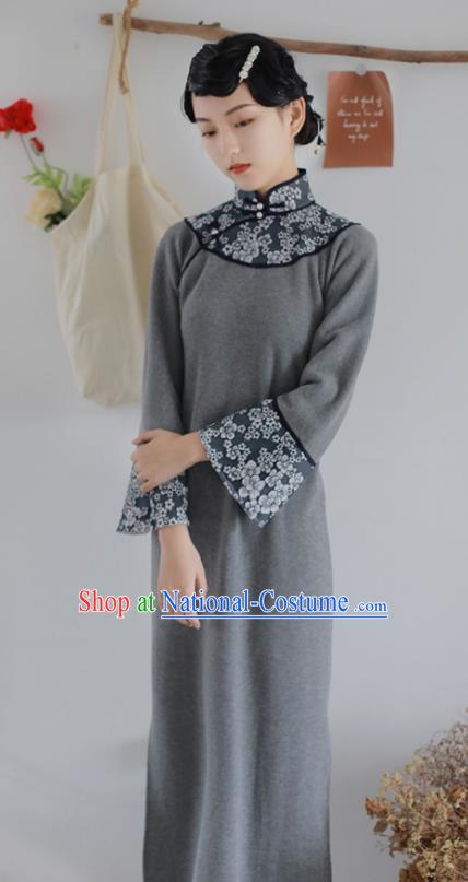 China National Knitting Grey Qipao Dress Clothing Traditional Young Lady Wide Sleeve Cheongsam