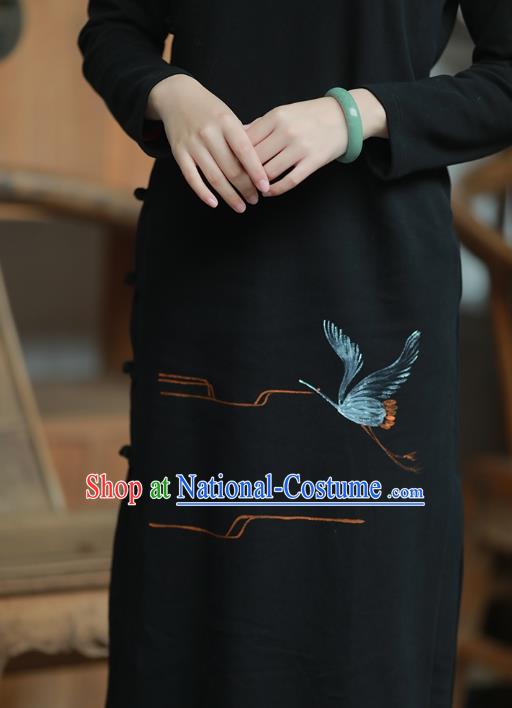 China National Printing Crane Qipao Dress Clothing Traditional Young Lady Slant Opening Black Cheongsam