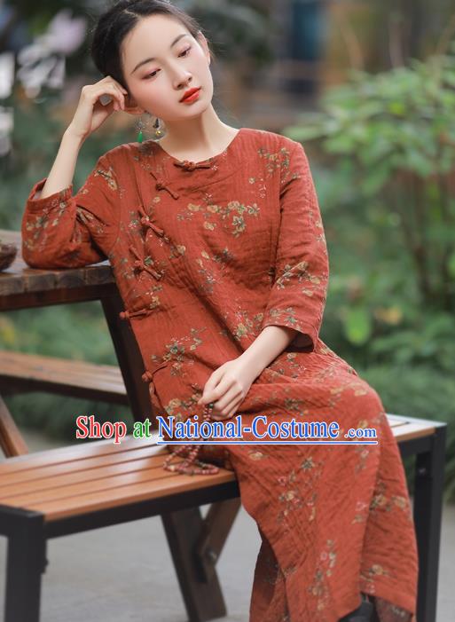 China National Printing Red Flax Qipao Dress Clothing Traditional Young Lady Slant Opening Cheongsam