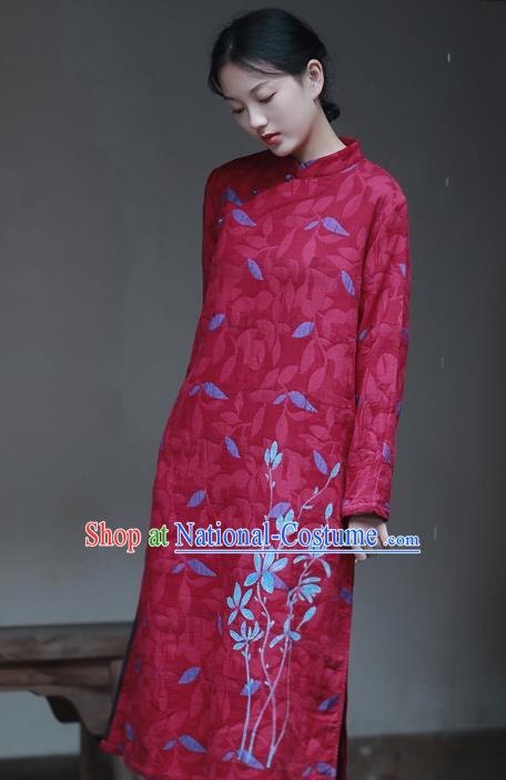 China National Hand Painting Wine Red Flax Qipao Dress Clothing Traditional Young Lady Cheongsam