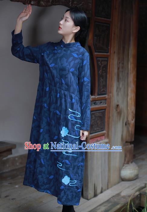 China National Qipao Dress Clothing Traditional Young Lady Hand Painting Navy Flax Cheongsam