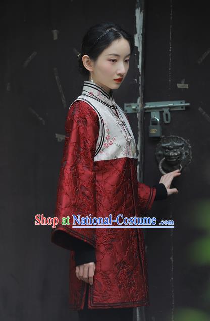 China National Woman Cotton Wadded Jacket Tang Suit Outer Garment Traditional Red Brocade Overcoat Costume