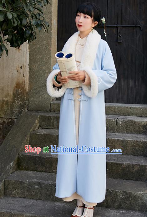 China Traditional Tang Suit Outer Garment National Woman Blue Woolen Dust Coat