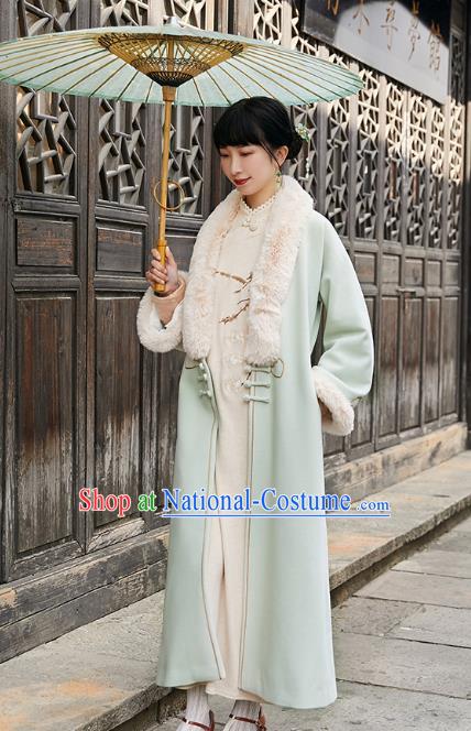 China Traditional Costume National Woman Light Green Woolen Dust Coat Tang Suit Outer Garment