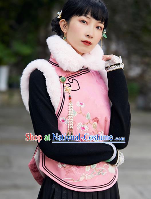 Chinese Traditional Embroidered Pink Silk Waistcoat Costume National Women Stand Collar Vest