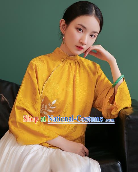 China Tang Suit Golden Silk Shirt Traditional Costume National Woman Stand Collar Blouse