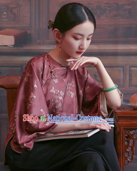 China Tang Suit Wide Sleeve Shirt Traditional Costume National Woman Wine Red Brocade Blouse