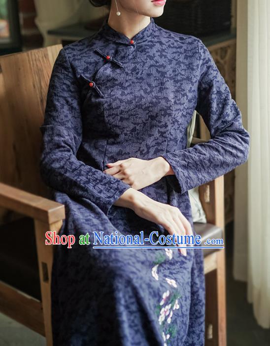 China National Young Woman Qipao Dress Clothing Traditional Hand Painting Navy Blue Flax Cheongsam