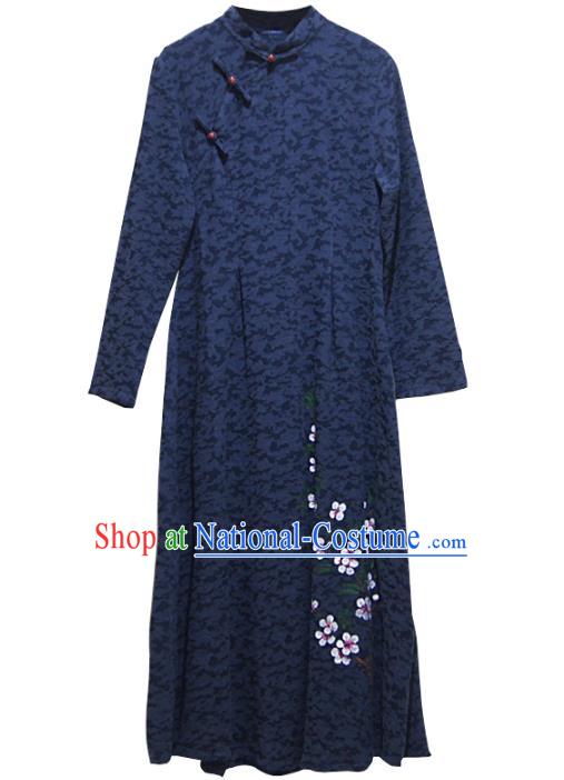 China National Young Woman Qipao Dress Clothing Traditional Hand Painting Navy Blue Flax Cheongsam