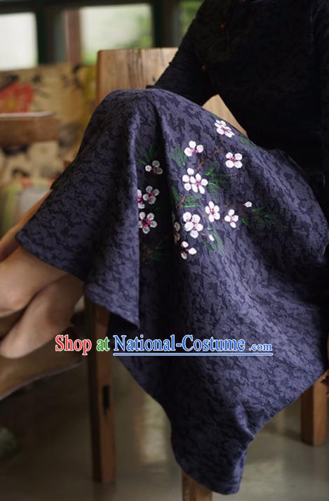 China National Young Woman Qipao Dress Clothing Traditional Hand Painting Navy Blue Flax Cheongsam