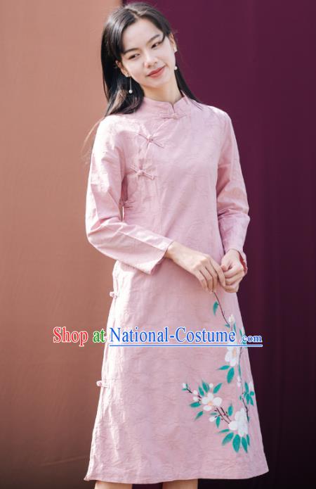 China National Young Woman Pink Flax Qipao Dress Clothing Traditional Hand Painting Peach Blossom Cheongsam