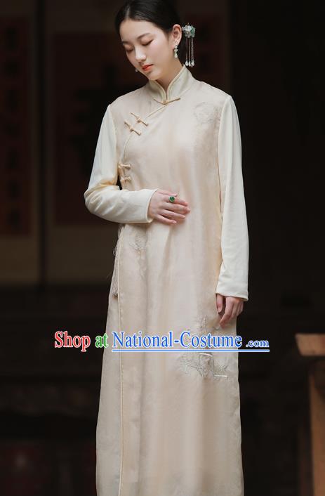 China National Embroidered Qipao Dress Clothing Traditional Young Lady Beige Organdy Cheongsam