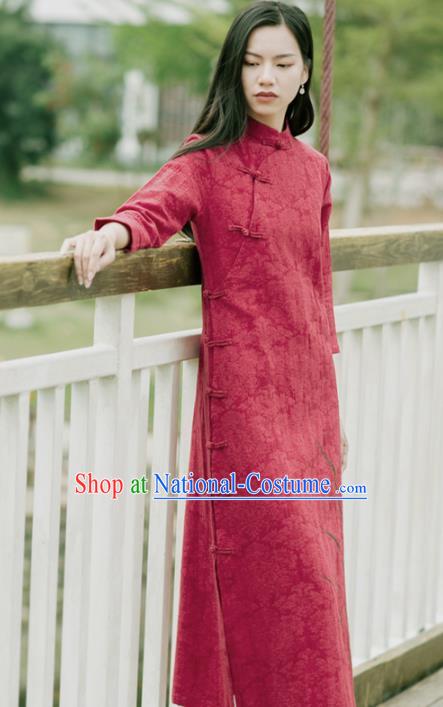 China National Young Lady Qipao Dress Clothing Traditional Red Flax Cheongsam