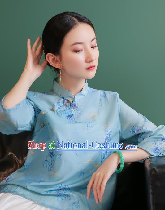 China Tang Suit Light Blue Shirt Traditional Printing Costume National Woman Slant Opening Blouse