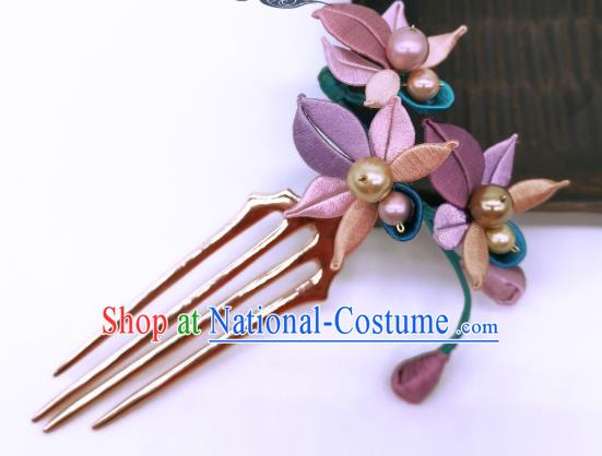 Chinese Traditional Ming Dynasty Hanfu Silk Flowers Hair Accessories Handmade Ancient Princess Pearls Hair Comb