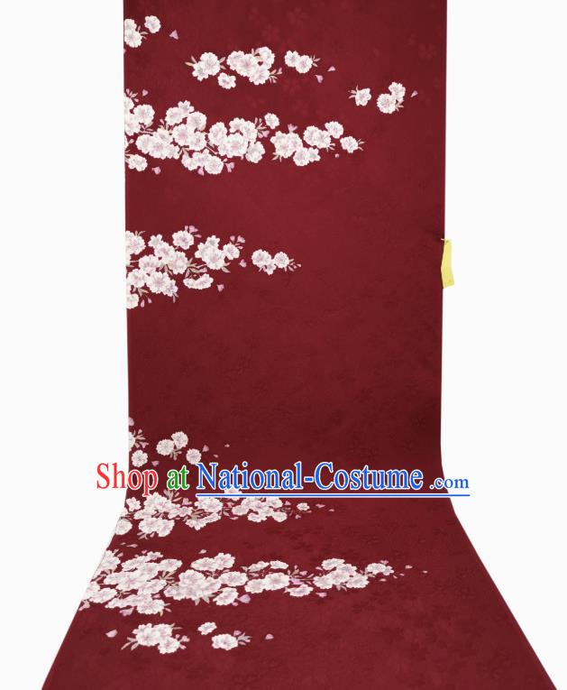 Asian Japan Classical Sakura Pattern Dark Red Silk Fabric Japanese Traditional Kimono Silk Drapery