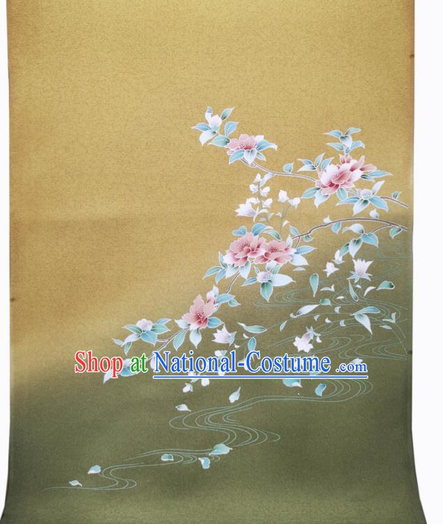 Japanese Traditional Silk Fabric Kimono Classical Hand Painting Flowers Tapestry Drapery Asian Japan Olive Green Brocade