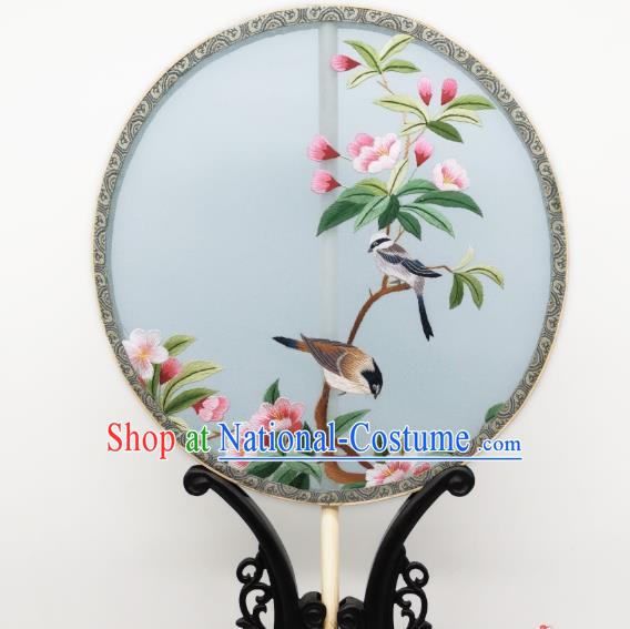 China Classical Embroidered Begonia Circular Fans Traditional Palace Fan Ancient Princess Blue Silk Fan