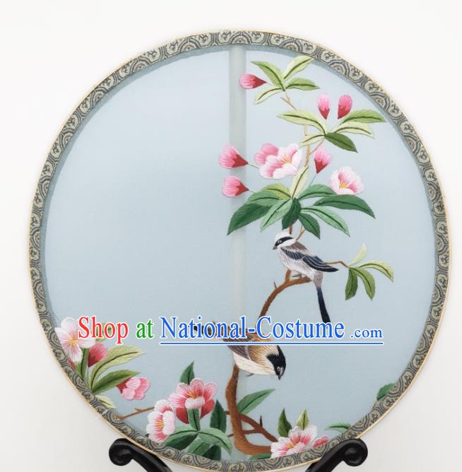 China Classical Embroidered Begonia Circular Fans Traditional Palace Fan Ancient Princess Blue Silk Fan