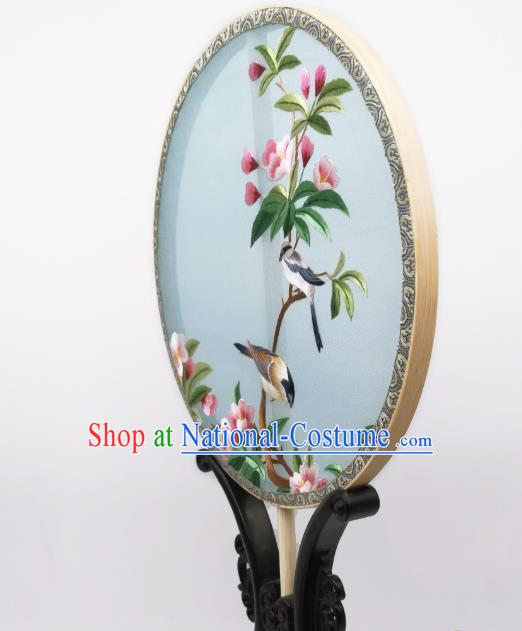 China Classical Embroidered Begonia Circular Fans Traditional Palace Fan Ancient Princess Blue Silk Fan