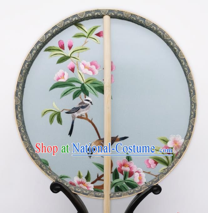 China Classical Embroidered Begonia Circular Fans Traditional Palace Fan Ancient Princess Blue Silk Fan