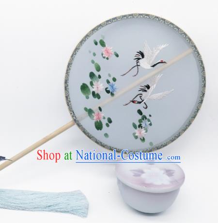 China Traditional Hanfu Palace Fan Suzhou Embroidered Lotus Crane Circular Fan Classical Light Blue Silk Fan