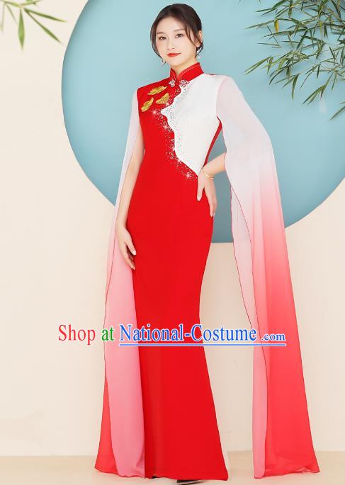 China Zither Stage Show Green Ao Dai Cheongsam Compere Clothing Modern Red Qipao Dress